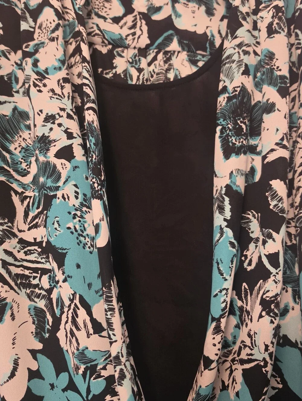 Alfani Teal Black White Floral Twist-Front Blouse